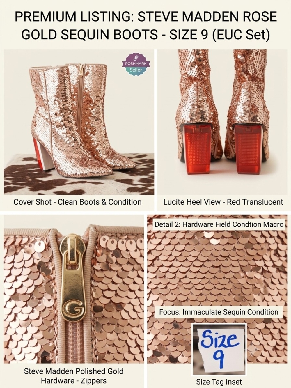 Steve Madden Rose Gold Sequin Lucite Heel Ankle Boots